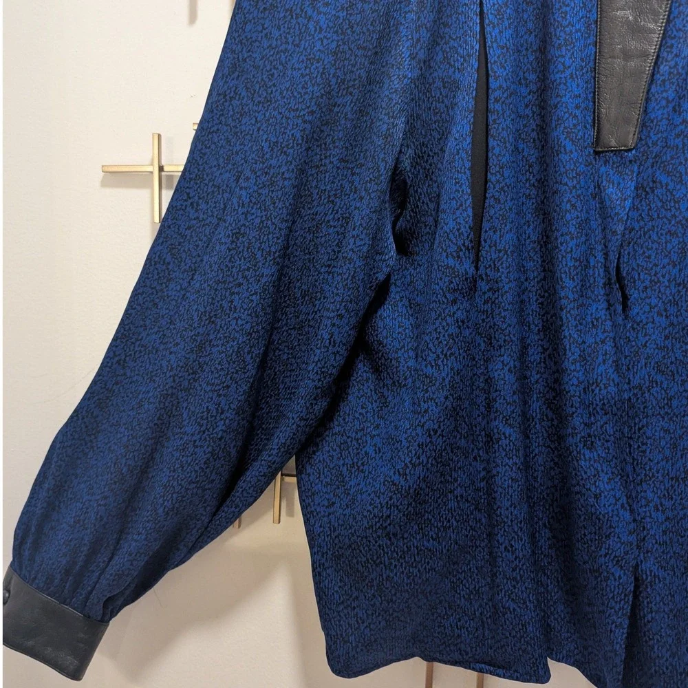 VTG 80's‎ Designer Silk Leather Trim Blouse & Skirt 2 Pc Set Black Cobalt Sz 10